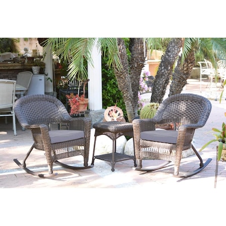 Jeco W00201R-A-2-RCES033 Espresso Rocker Wicker Chair Set with Steel Blue Cushion - 3 Piece W00201R-A_2-RCES033
